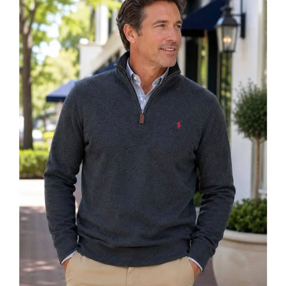 Polo Ralph Lauren Men’s Gray Cotton Quarter Zip Sweater Red Pony Sz Large Heavyw